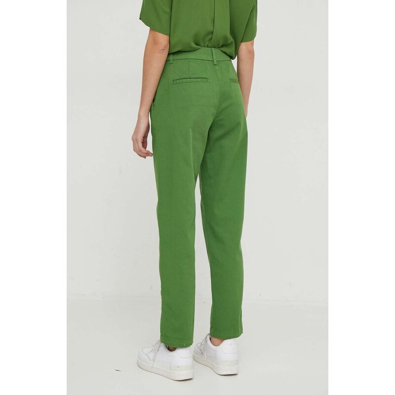 United Colors of Benetton pantaloni femei, culoarea verde, drept, high waist