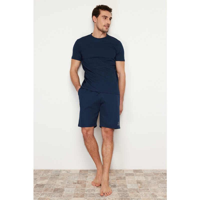 Trendyol Navy Blue Regular Fit Textured Knitted Pajamas Set