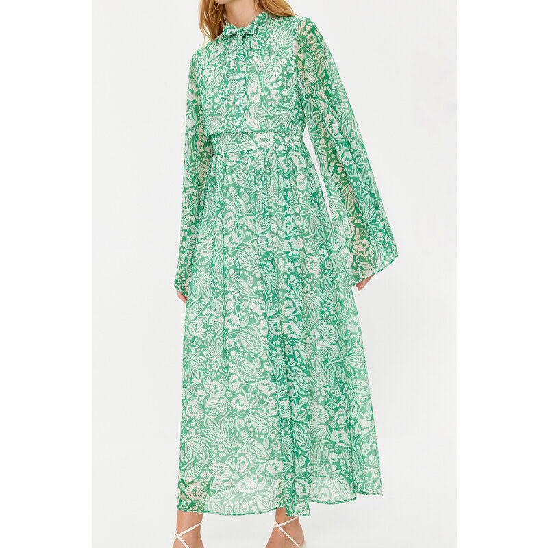 Trendyol Green Woven Lined Chiffon Floral Evening Dress
