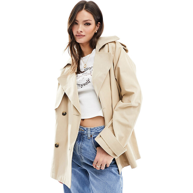 ASOS Tall ASOS DESIGN Tall short oversized trench coat in stone-Neutral