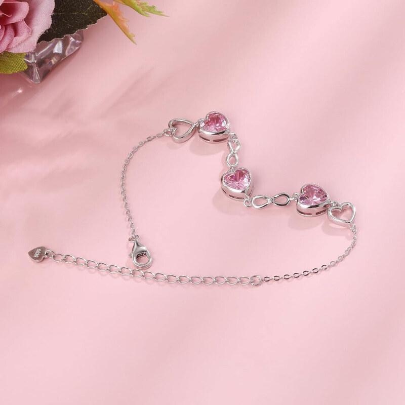 Bratara Model Infinit si Inimioare din argint 925 Tourmaline Heart, Brățară minimalistă, casual, pentru femei, Roz Arg415H