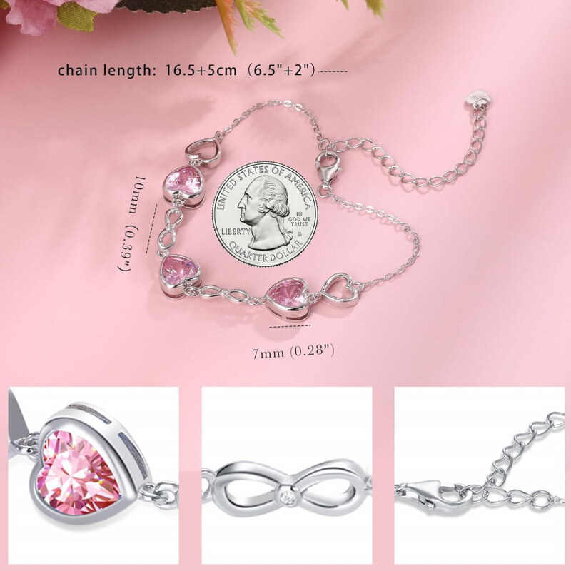 Bratara Model Infinit si Inimioare din argint 925 Tourmaline Heart, Brățară minimalistă, casual, pentru femei, Roz Arg415H