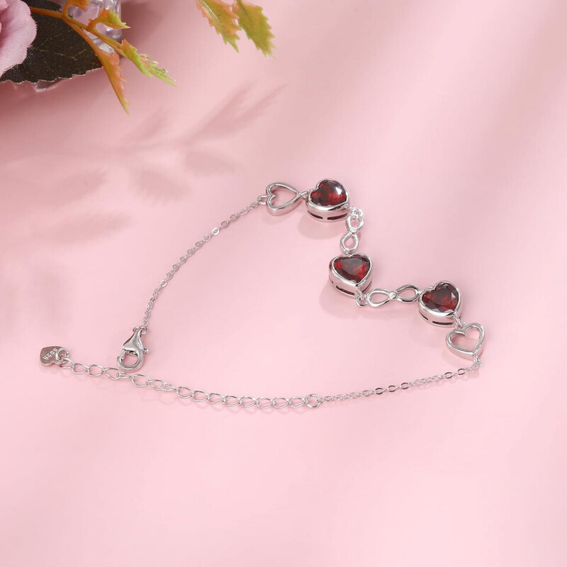 Bratara Model Infinit si Inimioare din argint 925 Garnet Heart, Brățară minimalistă, casual, pentru femei, Rosu arg415F