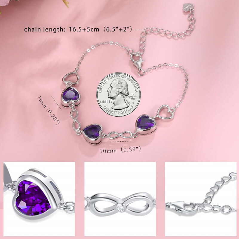 Bratara Model Infinit si Inimioare din argint 925 Amethyst Heart, Brățară minimalistă, casual, pentru femei, Mov arg415E