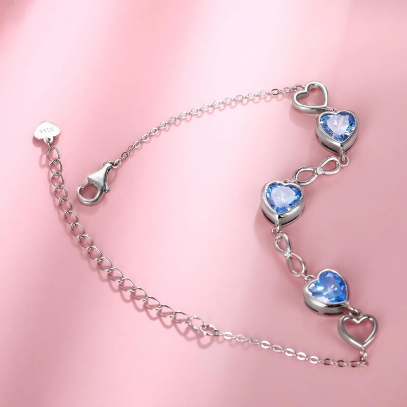 Bratara Model Infinit si Inimioare din argint 925 Tanzanit Heart, Brățară minimalistă, casual, pentru femei, Turcoaz arg415G