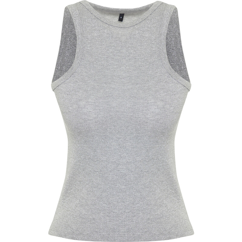Trendyol Gray Melange Foil/Glossy Fabric Halter Neck Ribbed Elastic Knitted Undershirt