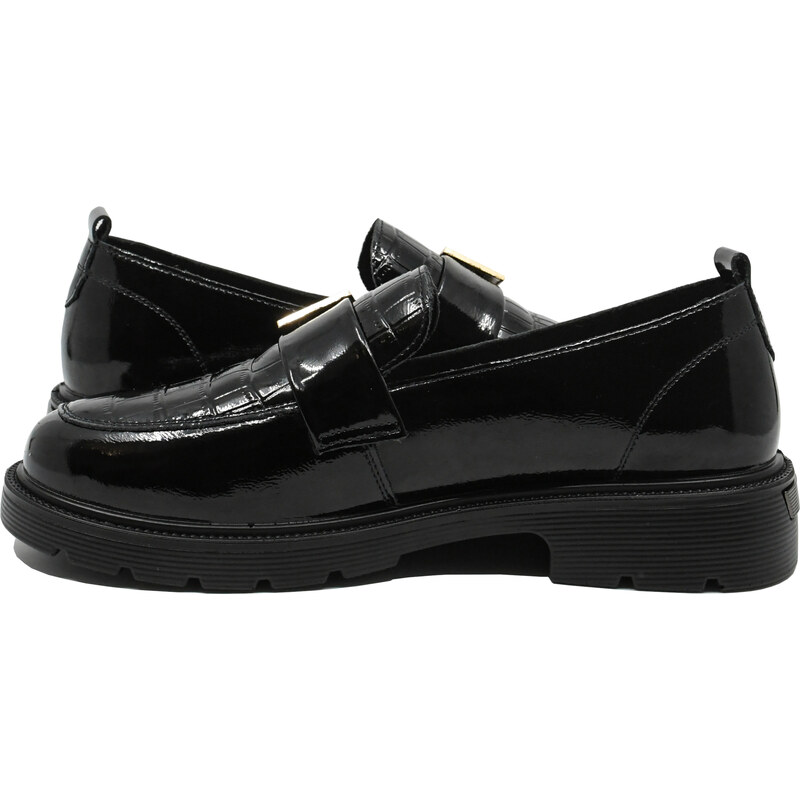 Pantofi loafer dama Pass Collection negri din lac cu detaliu croco OTR440001