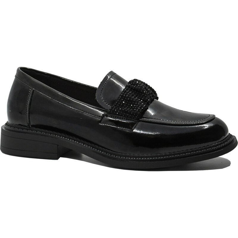 Pantofi loafer dama Pass Collection negri din lac cu bareta elastica OTR840006