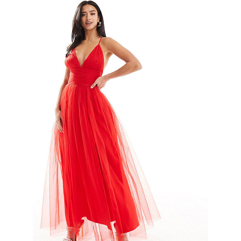 Lace & Beads Petite cross back tulle maxi dress in red