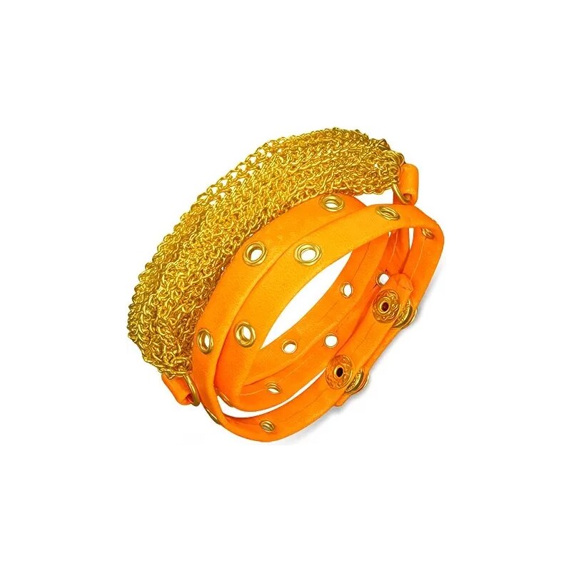Bijuterii Eshop - Brățară din piele artificială - lanţuri aurii, bandă portocaliu neon AB1.08