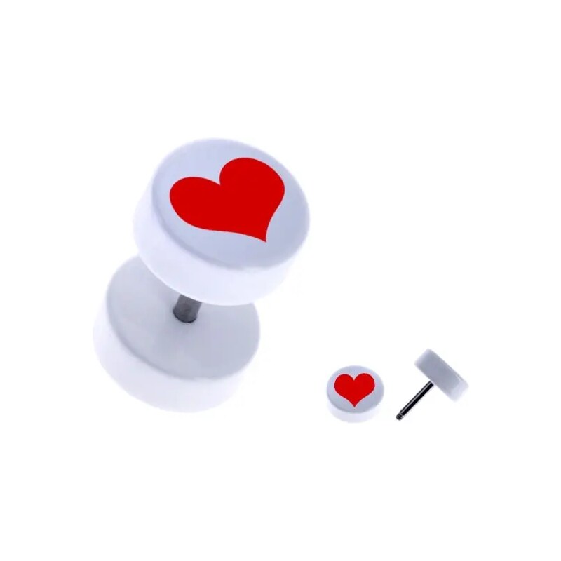 Bijuterii Eshop - Plug fals din acrilic alb, rotund - o inimă roşie, simetrică PC31.16
