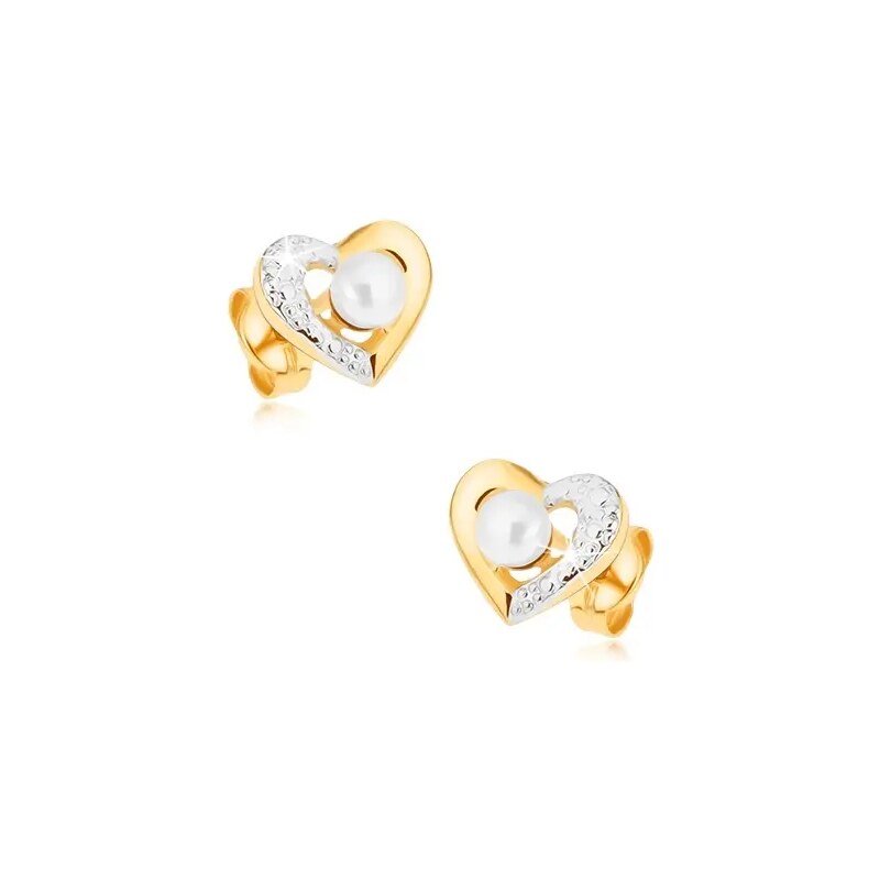 Bijuterii Eshop - Cercei placaţi cu rodiu din aur 9K - contur de inimă în două culori, perlă albă GG35.04