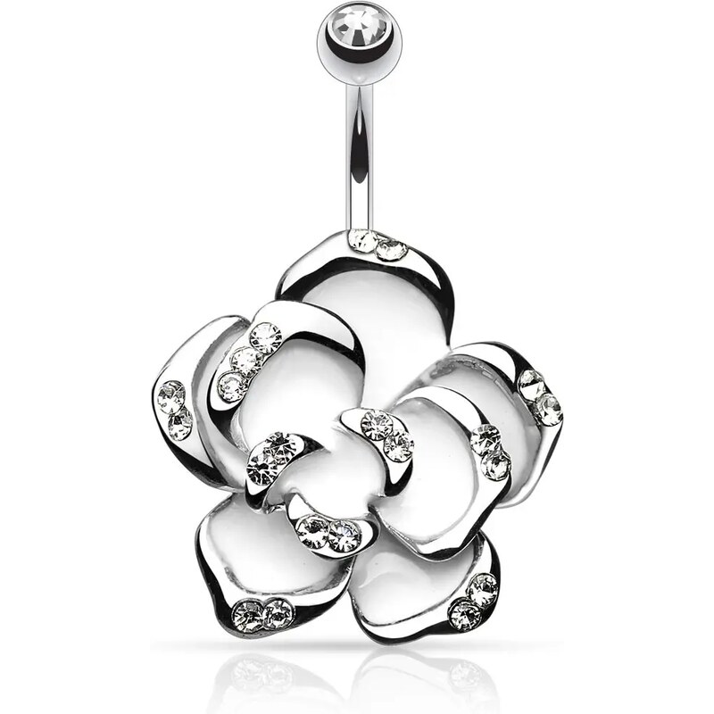 Bijuterii Eshop - Piercing pentru buric din oțel inoxidabil, trandafir alb cu zirconii transparente AB13.05