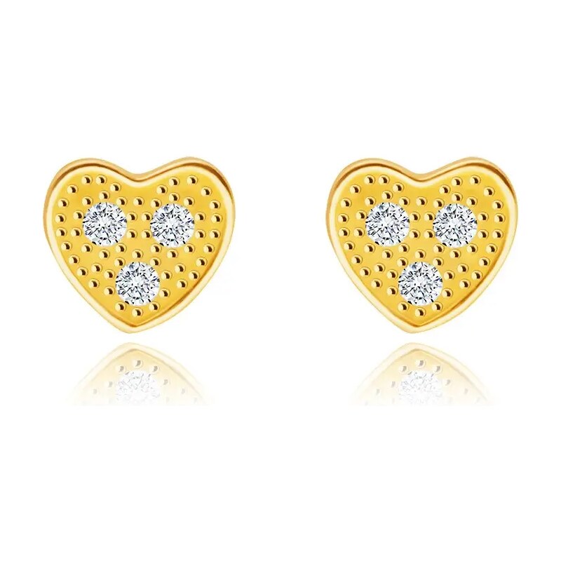 Bijuterii Eshop - Cercei din aur galben de 14K - inimă cu trei zirconii limpezi S1GG232.09