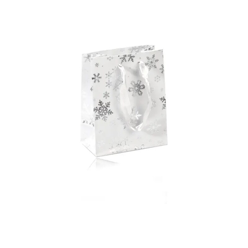 Bijuterii Eshop - Pungă cadou albă - motiv de iarnă, fulgi de nea, culoare argintie, panglici AB40.17