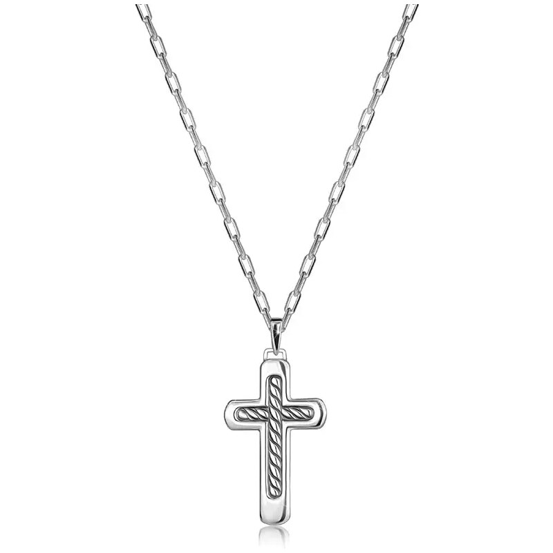 Bijuterii Eshop - Colier din argint 925 – cruce latină, margini rotunjite, împletitură, clemă carabinier R06.02