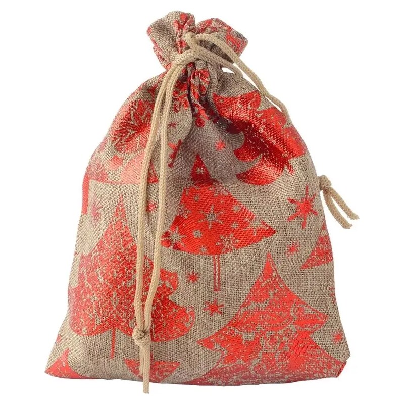 Bijuterii Eshop - Plasă cadou din material textil - copaci și fulgi de zăpadă, culoare maro - roșu Y49.20