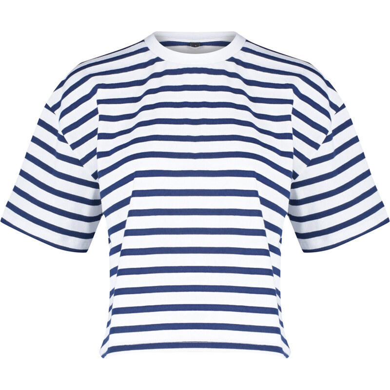 Trendyol Navy Blue Striped 100% Cotton Asymmetrical Loose/Relaxed Cut Knitted T-Shirt