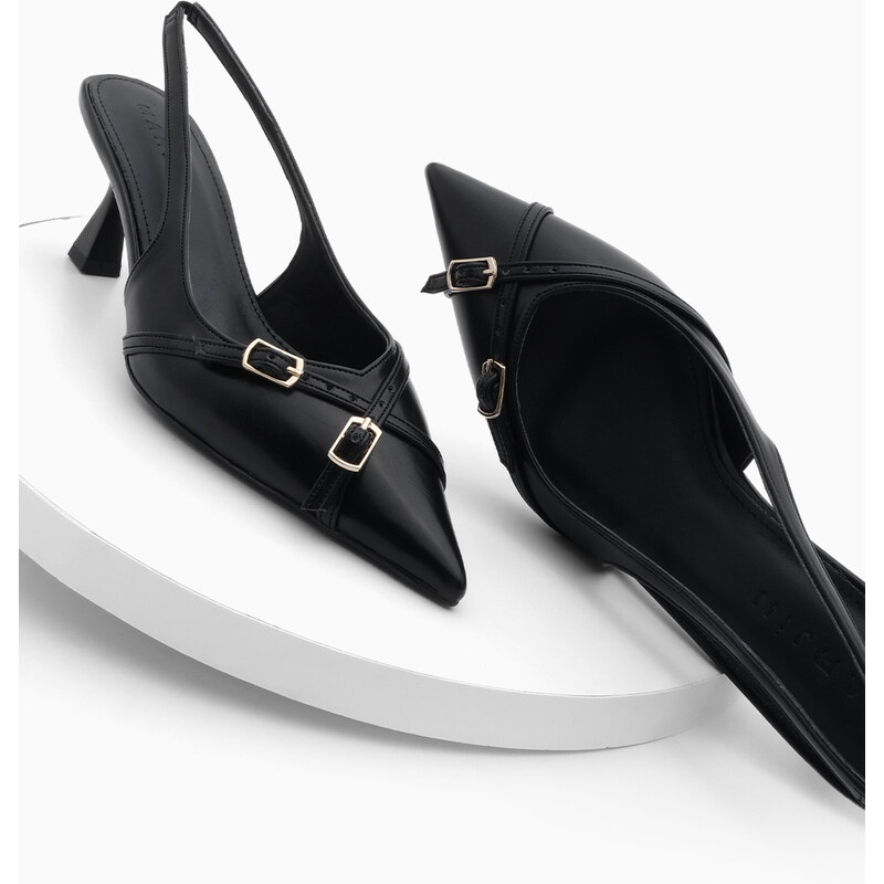 Marjin Women's Stiletto Pointed Toe Open Back Thin Heel Heel Shoes Pouch Black