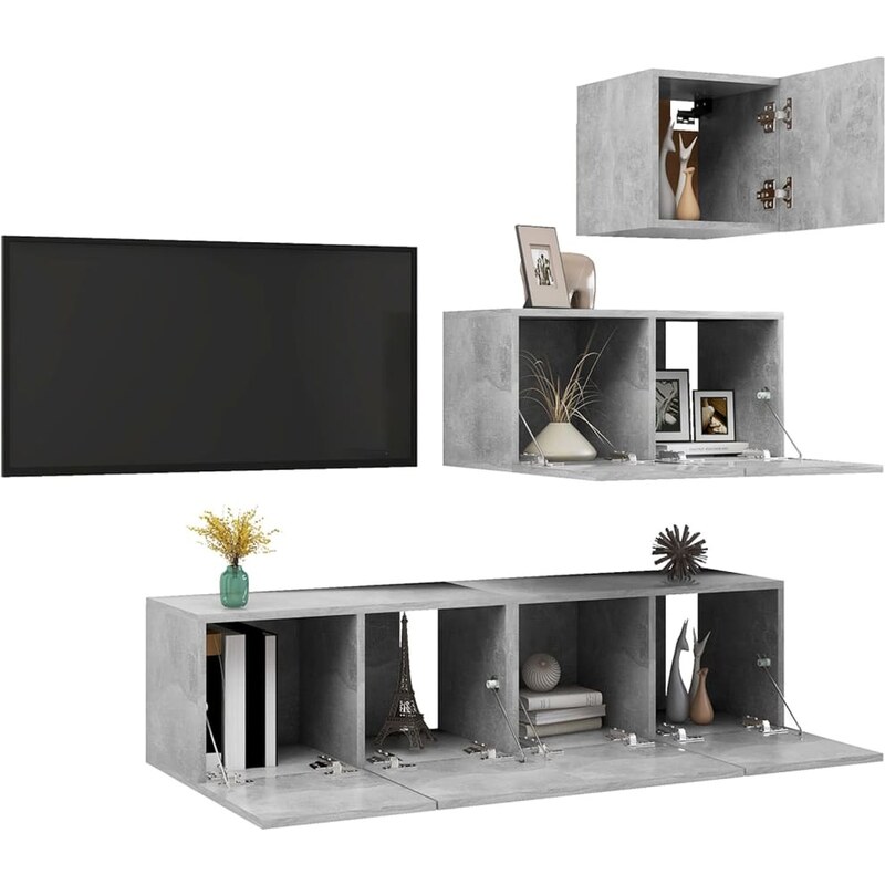 OrlandoKids Set de dulapuri TV, 4 piese, gri beton, lemn prelucrat