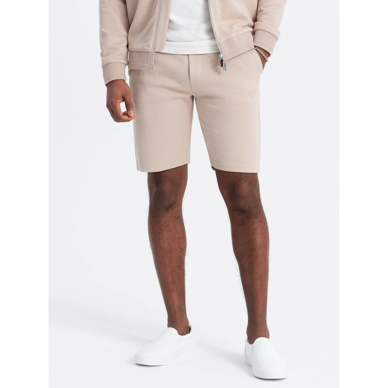 Ombre Set jachetă și pantaloni scurți pentru bărbați din tricot jacquard - bej deschis V2 Z73