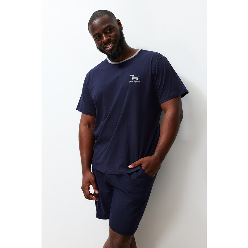 Trendyol Navy Blue Regular Fit Embroidered Couple Knitted Plus Size Pajama Set with Shorts