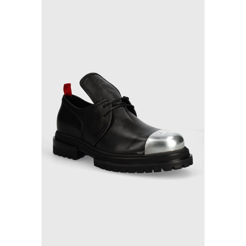 424 pantofi de piele Derby barbati, culoarea negru, FF4SMQ50AP-PE001.999
