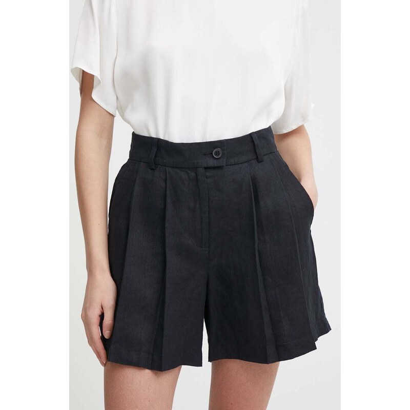 Sisley pantaloni scurti din in culoarea negru, neted, high waist