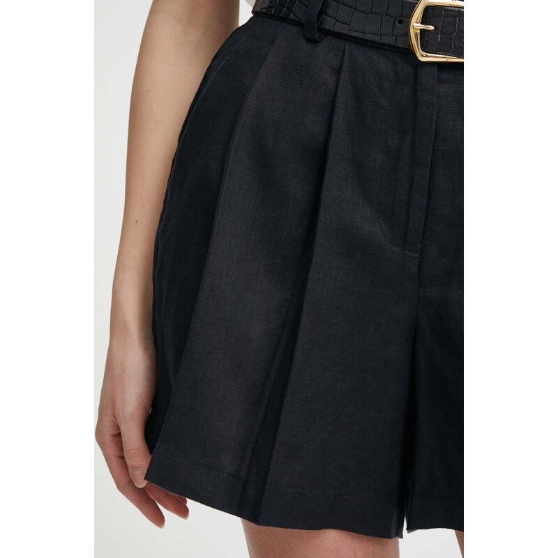 Sisley pantaloni scurti din in culoarea negru, neted, high waist