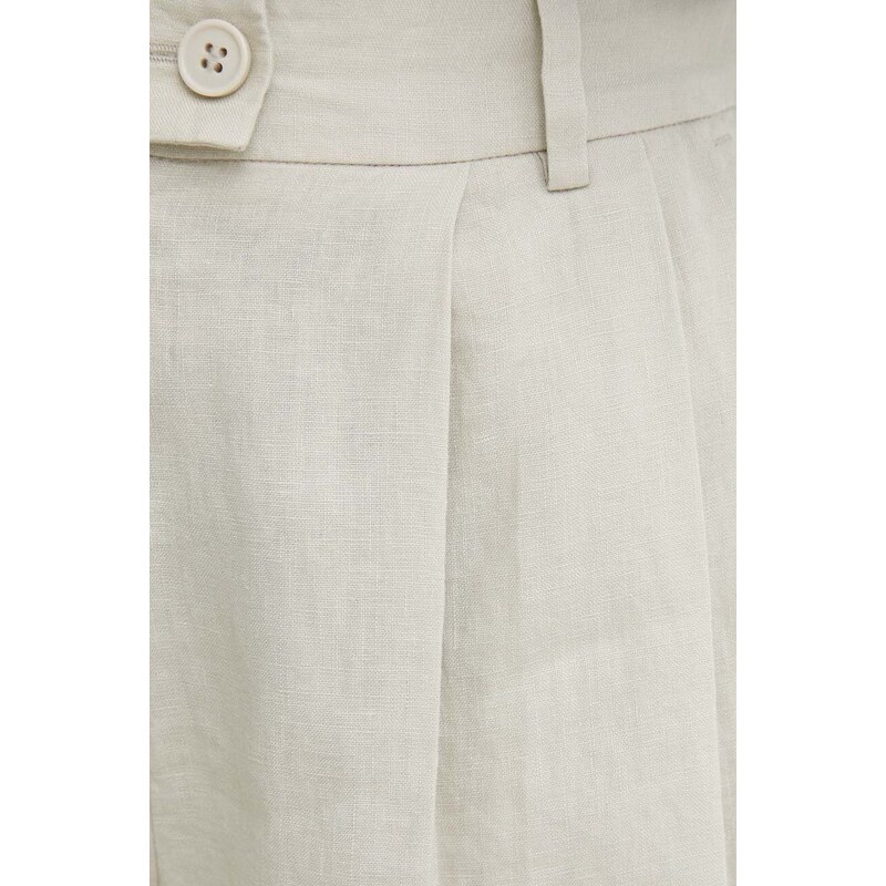 Sisley pantaloni scurti din in culoarea bej, neted, high waist