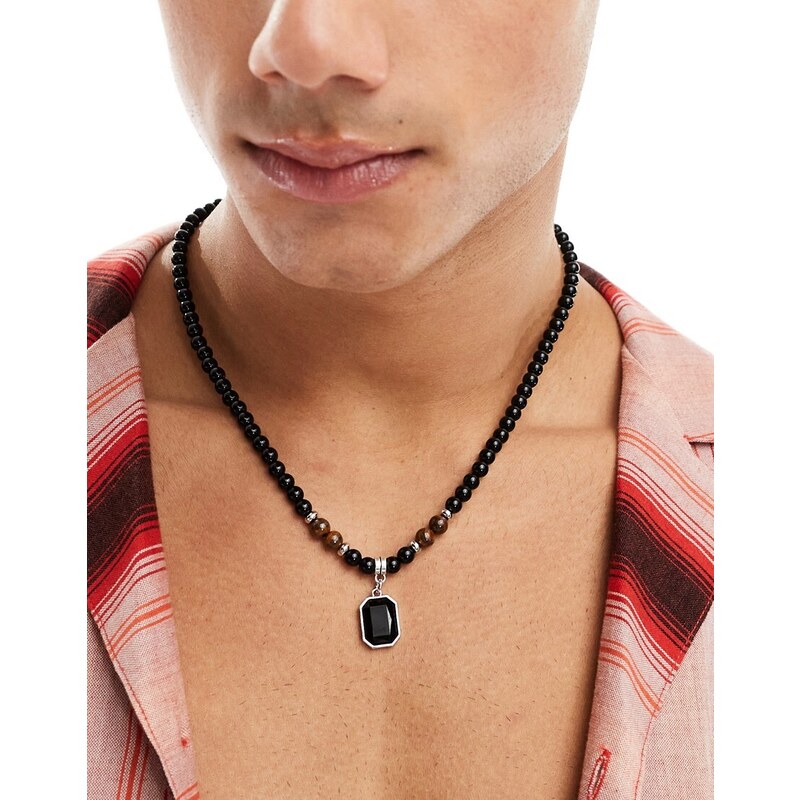 Faded Future beaded necklace with glass pendant in black