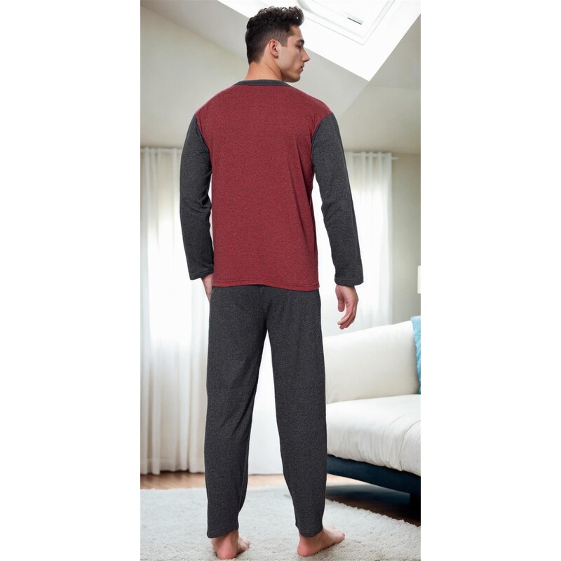 J5629 Dewberry Mens Buttoned Long Sleeve Pyjama Set-BORDEAUX