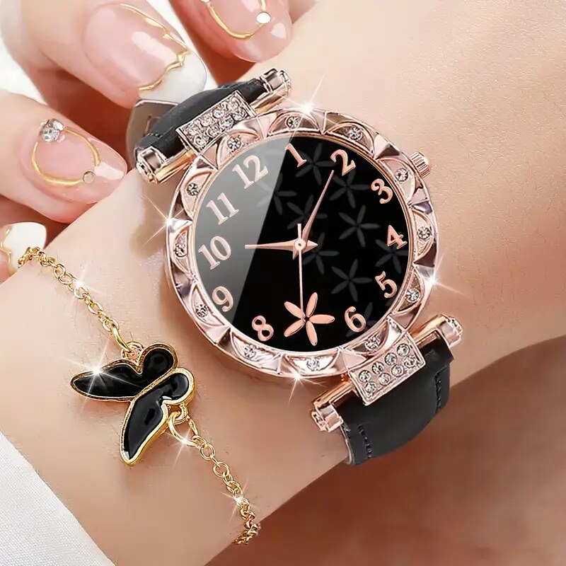 Fashion Jewelry Set ceas si bijuterii cu aplicatie fluture, auriu, dama