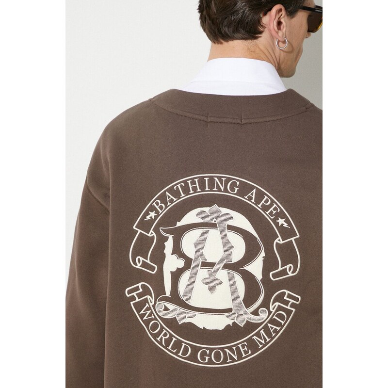 A Bathing Ape bluza College Badges Sweat Cardigan culoarea maro, cu imprimeu, 1J80113063
