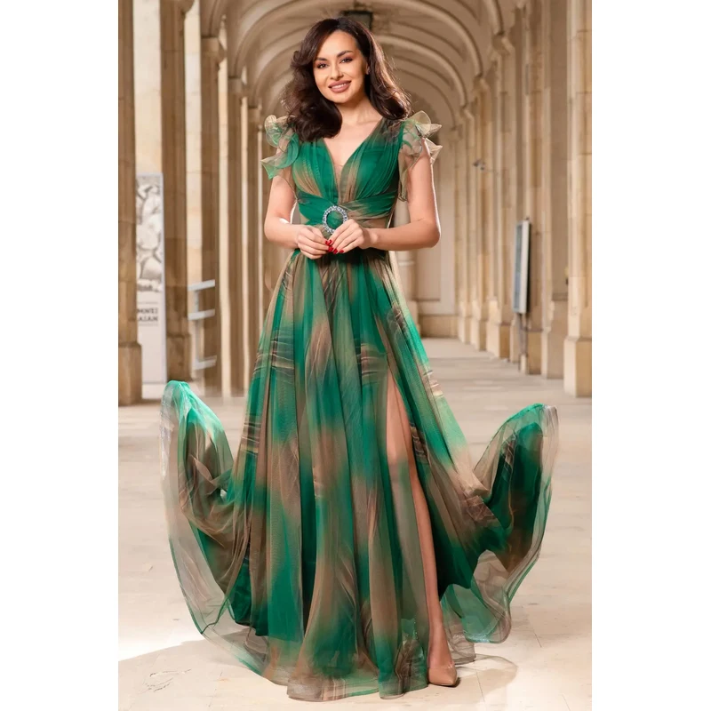 Inpuff Rochie de seara verde lunga Tereza cu imprimeu tip pictura InPuff ...