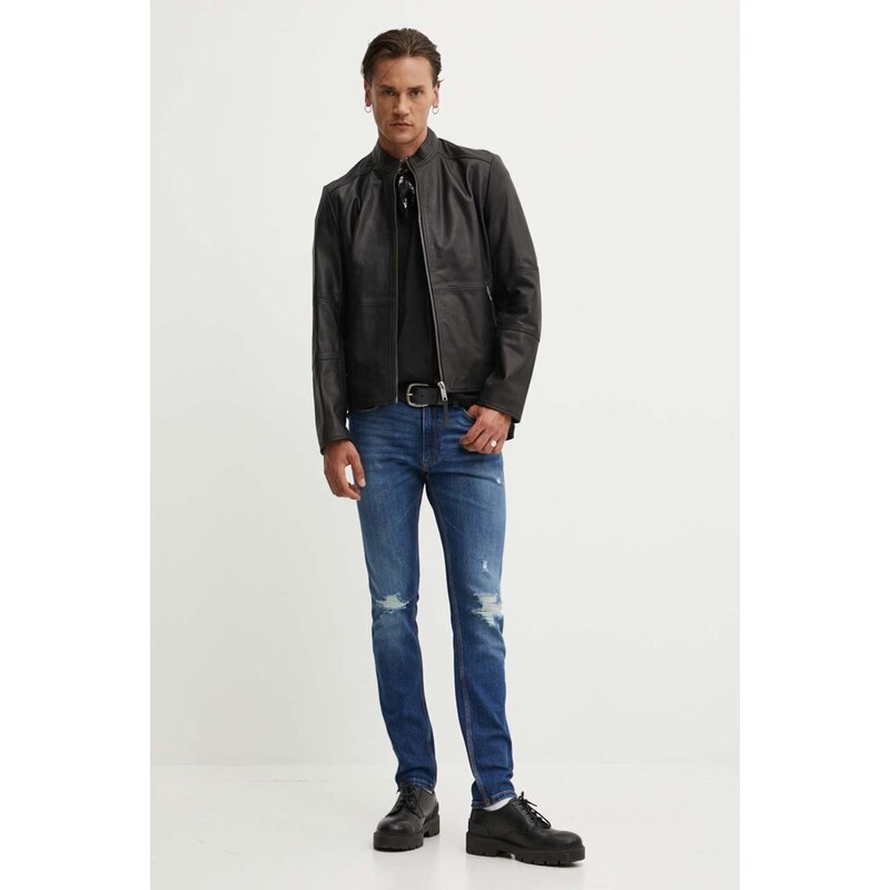 HUGO geaca de piele barbati, culoarea negru, de tranzitie, 50516869