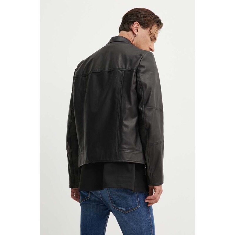 HUGO geaca de piele barbati, culoarea negru, de tranzitie, 50516869