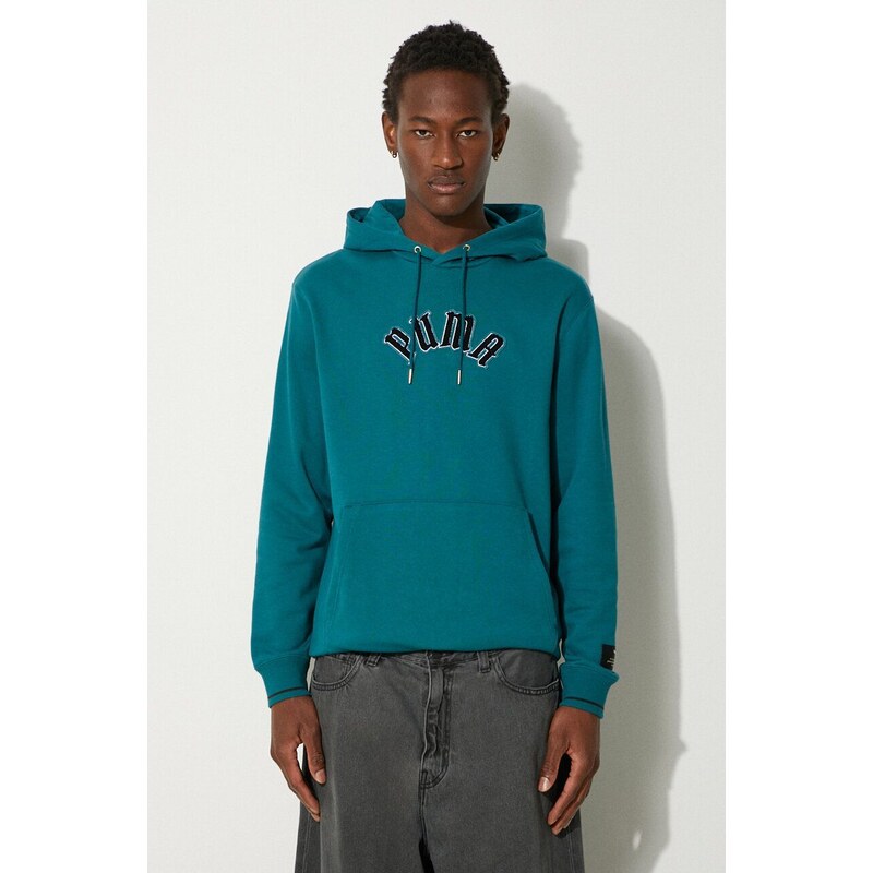 Puma hanorac de bumbac Classics Play Paris Hoodie barbati, culoarea turcoaz, cu glugă, cu imprimeu, 626766