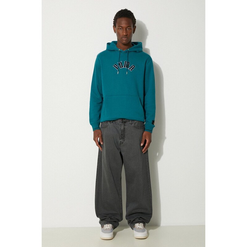 Puma hanorac de bumbac Classics Play Paris Hoodie barbati, culoarea turcoaz, cu glugă, cu imprimeu, 626766