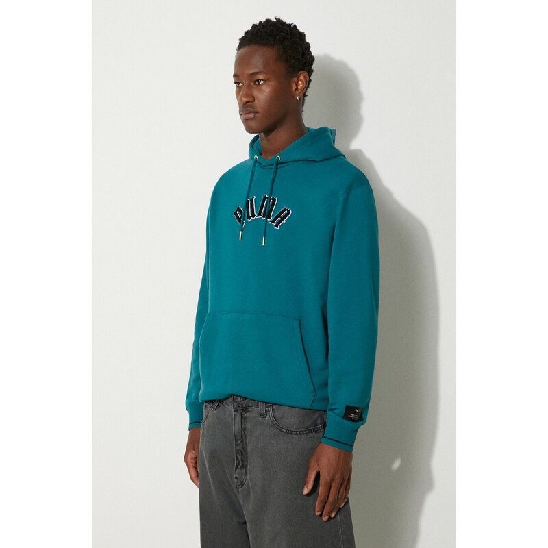 Puma hanorac de bumbac Classics Play Paris Hoodie barbati, culoarea turcoaz, cu glugă, cu imprimeu, 626766