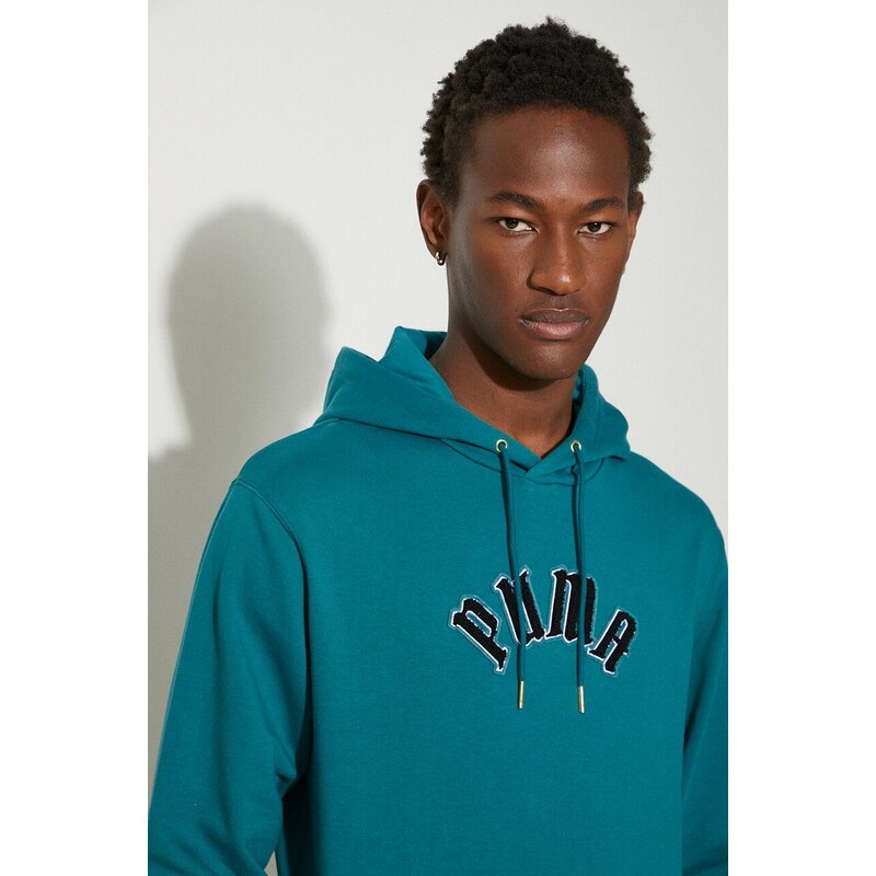 Puma hanorac de bumbac Classics Play Paris Hoodie barbati, culoarea turcoaz, cu glugă, cu imprimeu, 626766