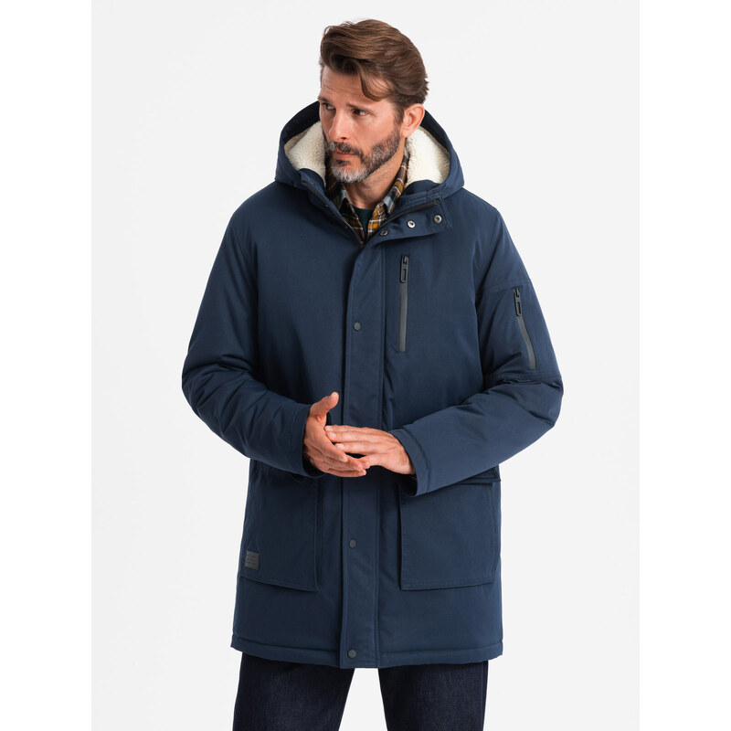 Ombre Jachetă lungă sherpa parka pentru bărbați – albastru marin V2 OM-JALJ-0181
