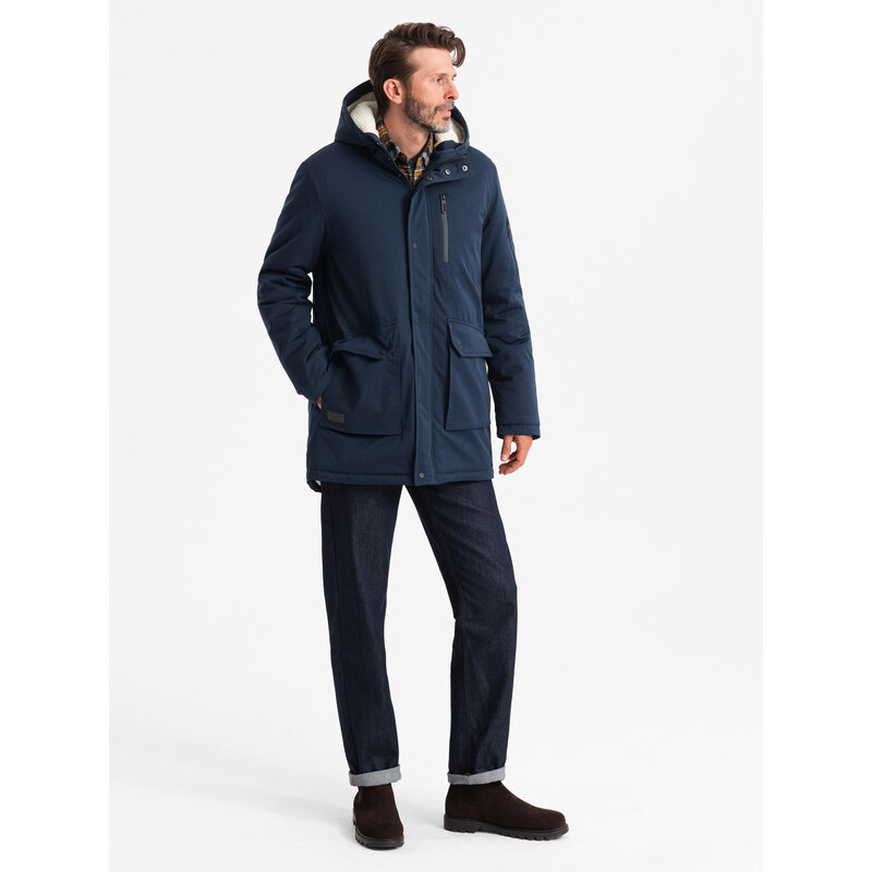 Ombre Jachetă lungă sherpa parka pentru bărbați – albastru marin V2 OM-JALJ-0181