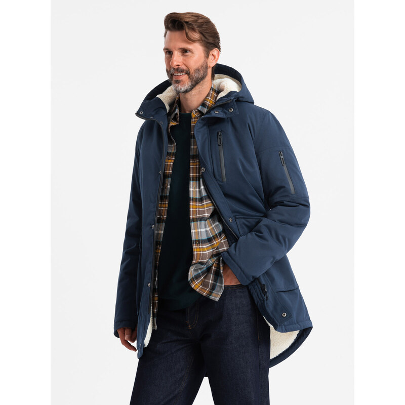 Ombre Jachetă lungă sherpa parka pentru bărbați – albastru marin V2 OM-JALJ-0181