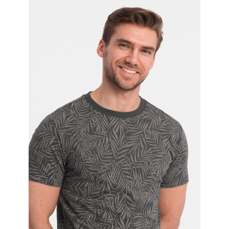 Ombre Tricou bărbătesc cu imprimeu complet în frunze de palmier - grafit V4 OM-TSFP-0182