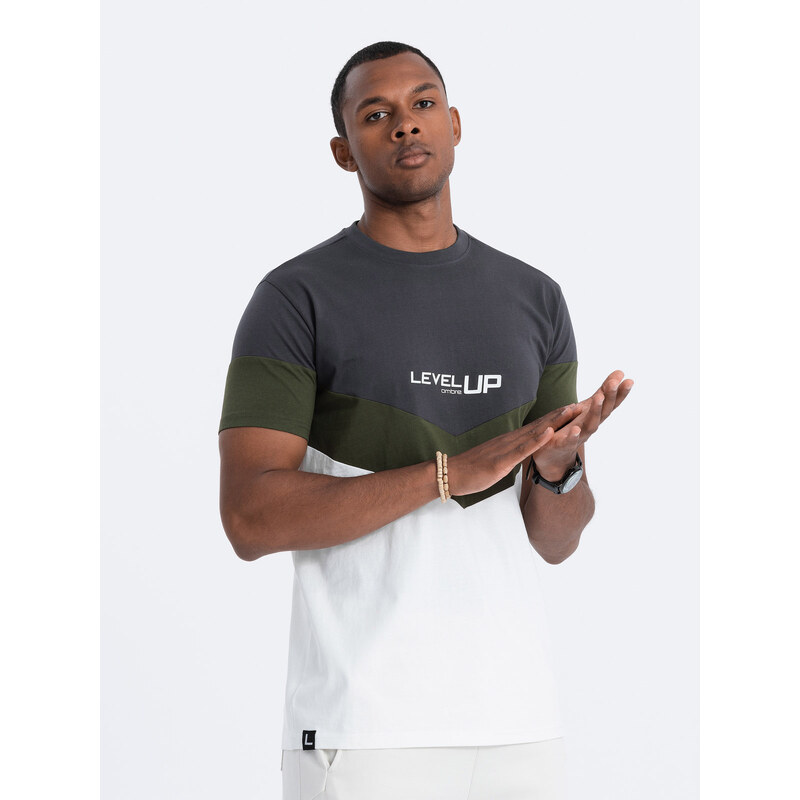 Ombre Tricou tricolor din bumbac pentru bărbați cu logo - grafit/olive V9 S1747