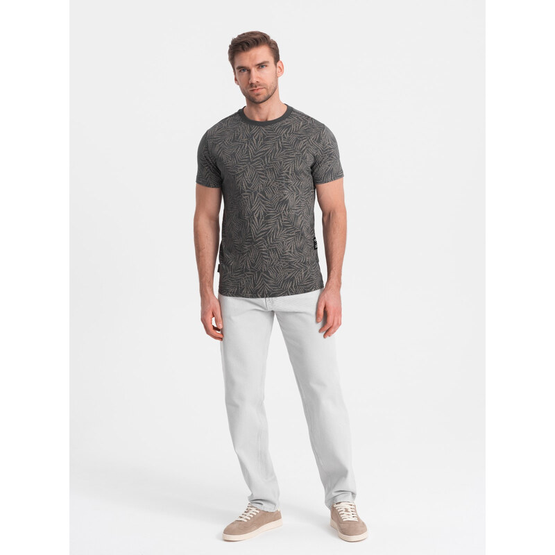 Ombre Tricou bărbătesc cu imprimeu complet în frunze de palmier - grafit V4 OM-TSFP-0182