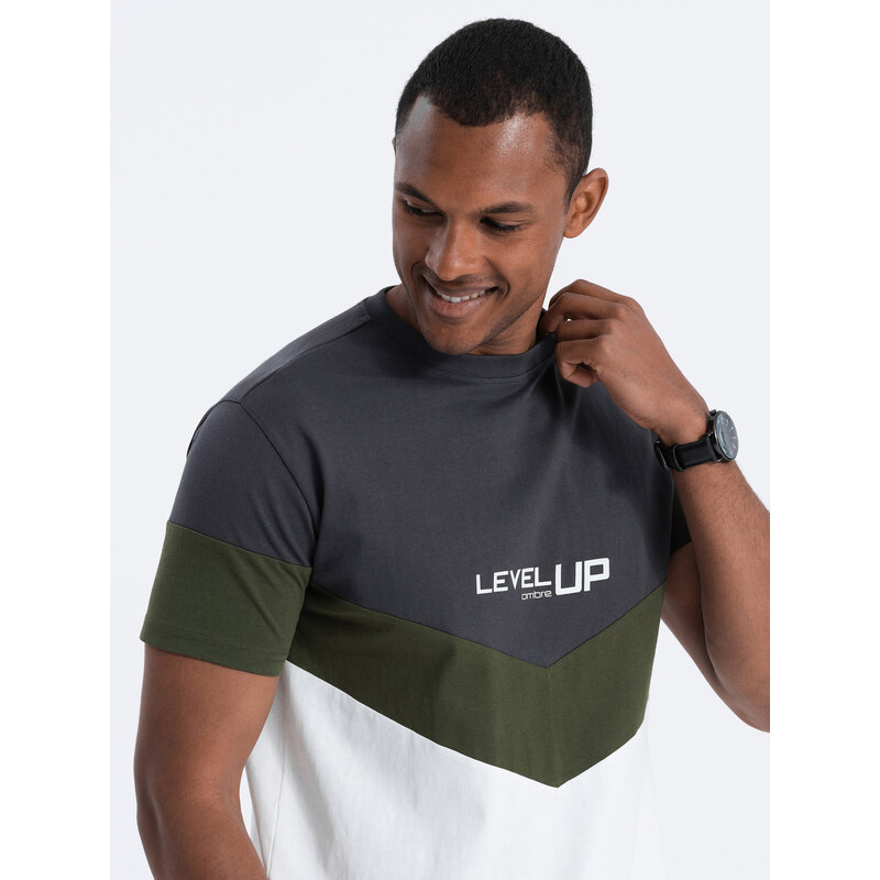 Ombre Tricou tricolor din bumbac pentru bărbați cu logo - grafit/olive V9 S1747
