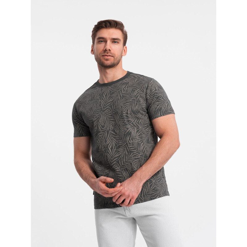 Ombre Tricou bărbătesc cu imprimeu complet în frunze de palmier - grafit V4 OM-TSFP-0182