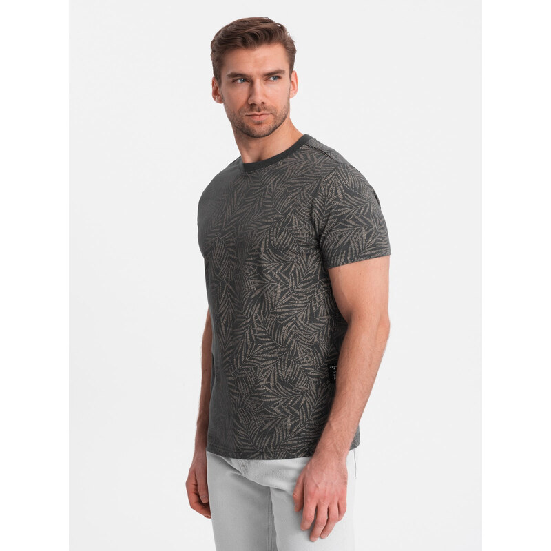 Ombre Tricou bărbătesc cu imprimeu complet în frunze de palmier - grafit V4 OM-TSFP-0182